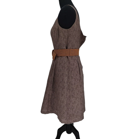 Nine West Woman Brown Fit Flare Belted Lined Summer Dress Size 6 Tailored Pocket - Picture 3 of 11